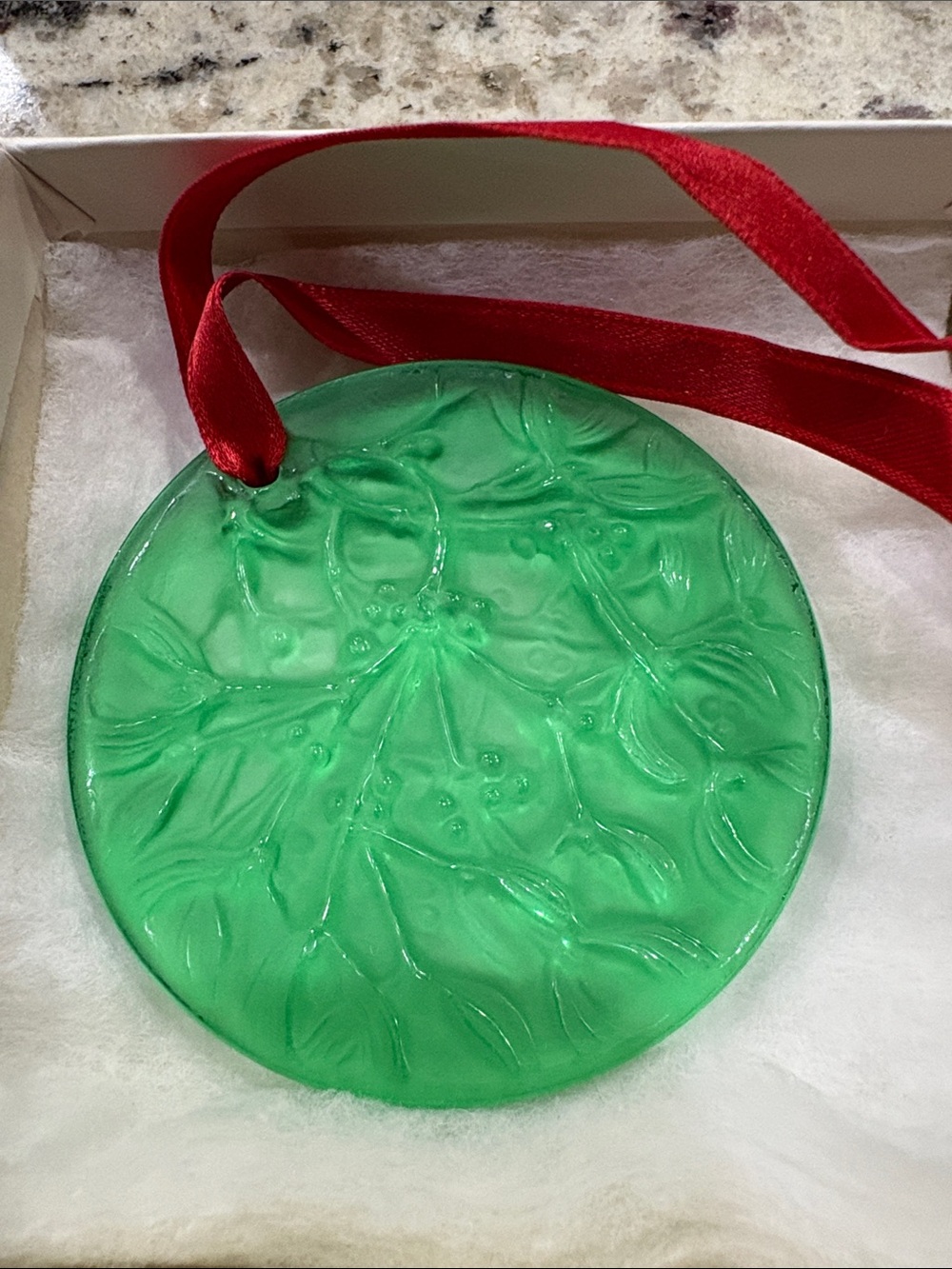 Lalique Green Vintage 1990 Mistletoe Crystal Ornament with Red Ribbon
